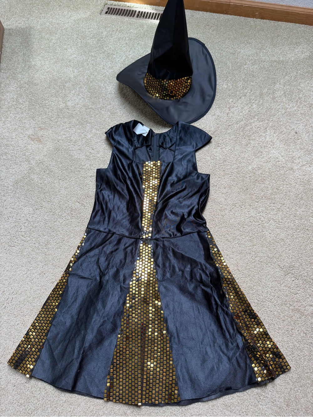 Black & Gold Sequin Witch Costume Dress with Hat